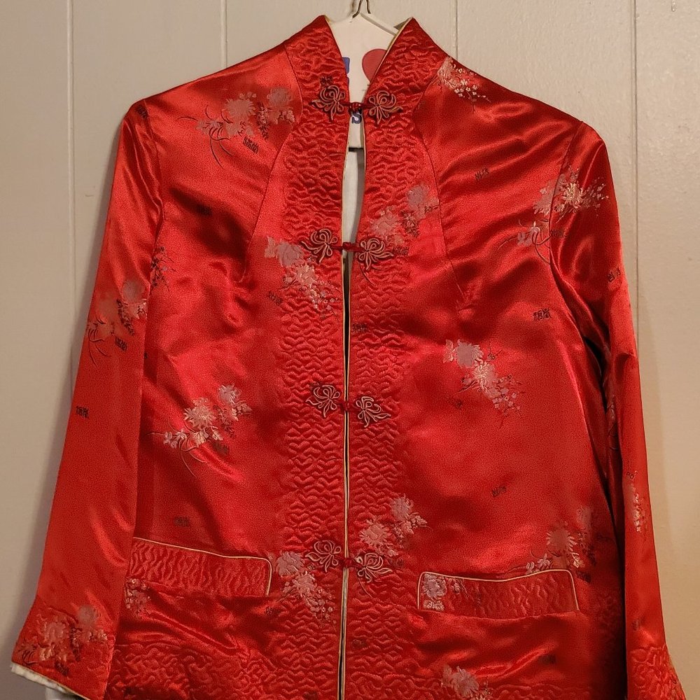 Peony Royal red and baby blue silk wadded jacket